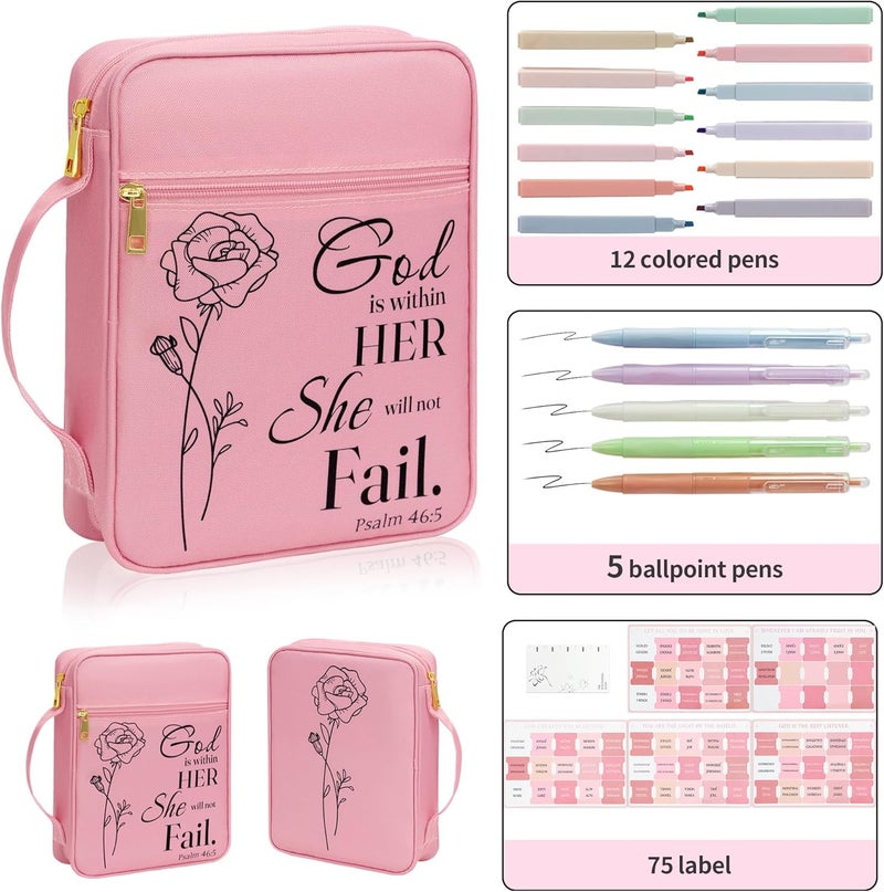 GUEER Bible Cover for Women, Bible Holder, Bible Study Supplies Accessories Bible Cover Carrier Carrying Organizer Bag, Zipper and Pockets for Standard Size Bible, Gift for Women（pinksuit） - Image 3